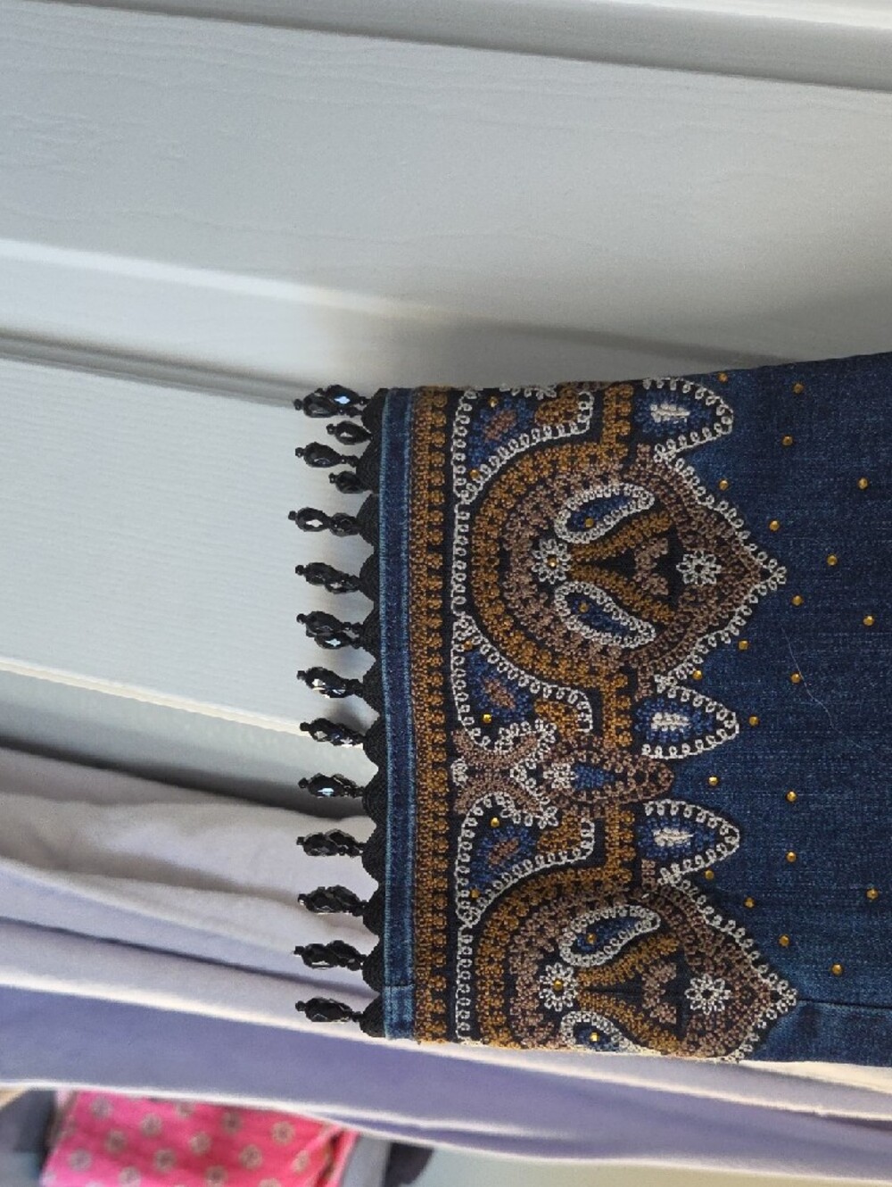 Chicos Dark Blue Jeans with Gold & White Embroidery and Beaded Fringe - Picture 2 of 5
